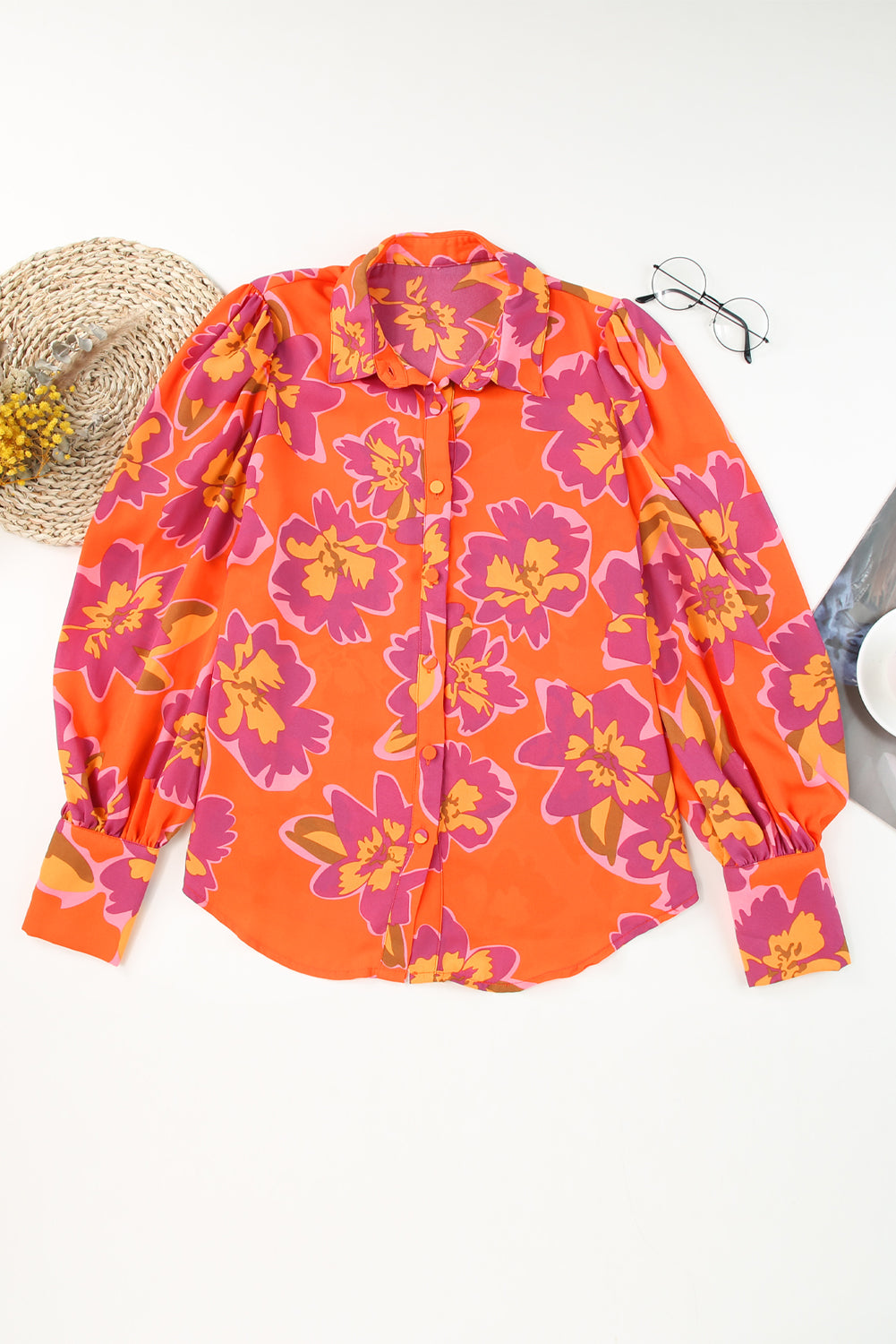 Fiery Red Floral Print Lantern Sleeve Shirt