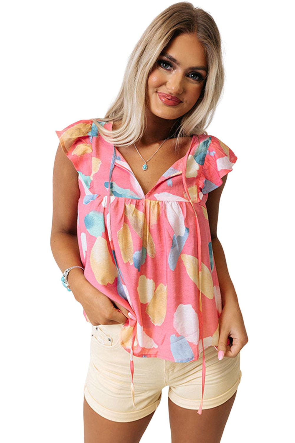 Sky Blue Splotches Pattern Ruffled Cap Sleeve Shift Top