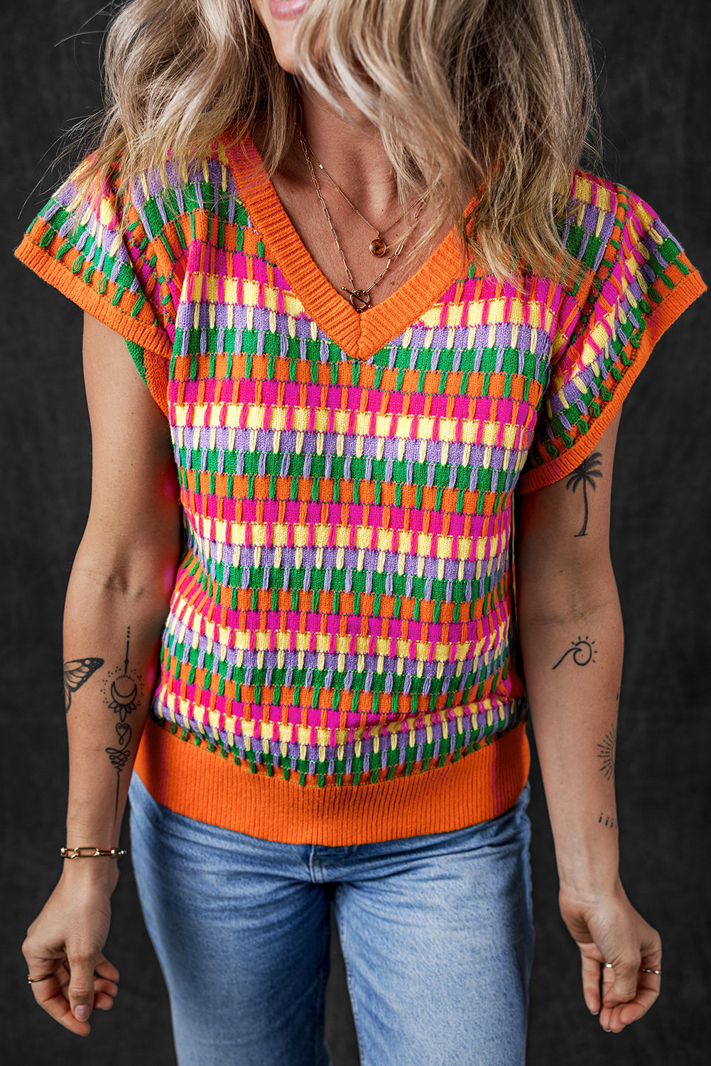 Green Multicolor Flutter Sleeve Knitted Sweater Top