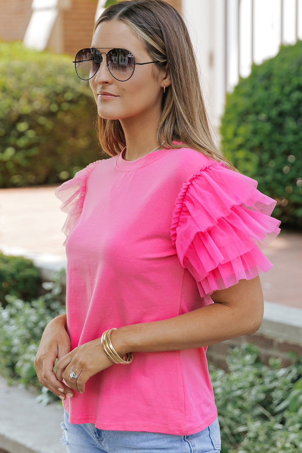 Pink Tulle Ruffle Sleeve Top