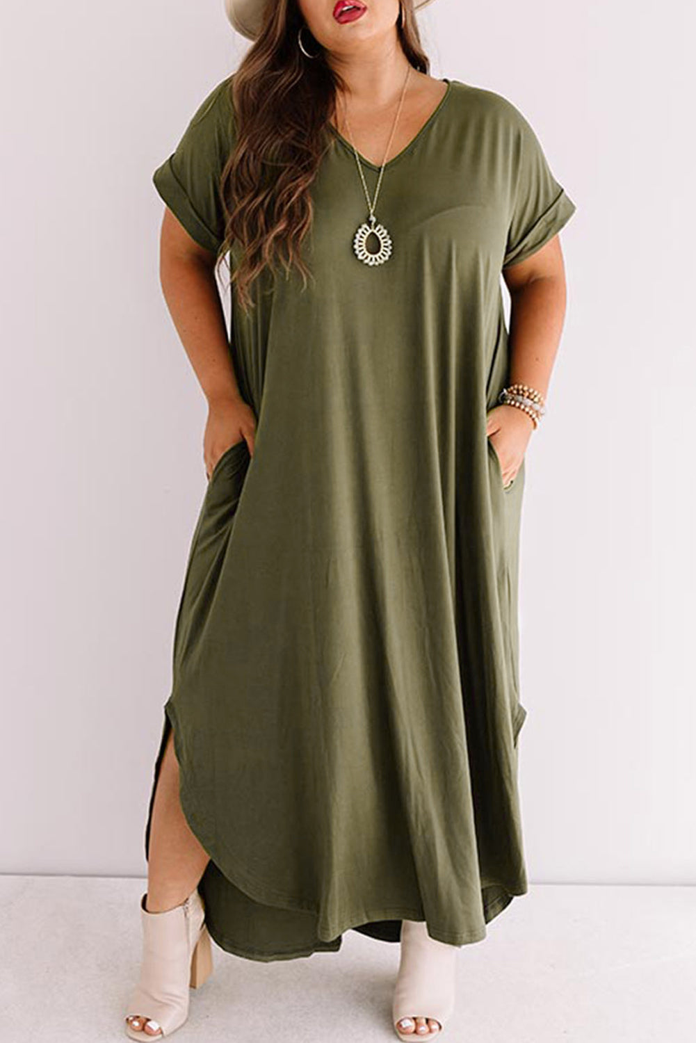 Black Plus Size V Neck Rolled Cuffs Maxi Dress