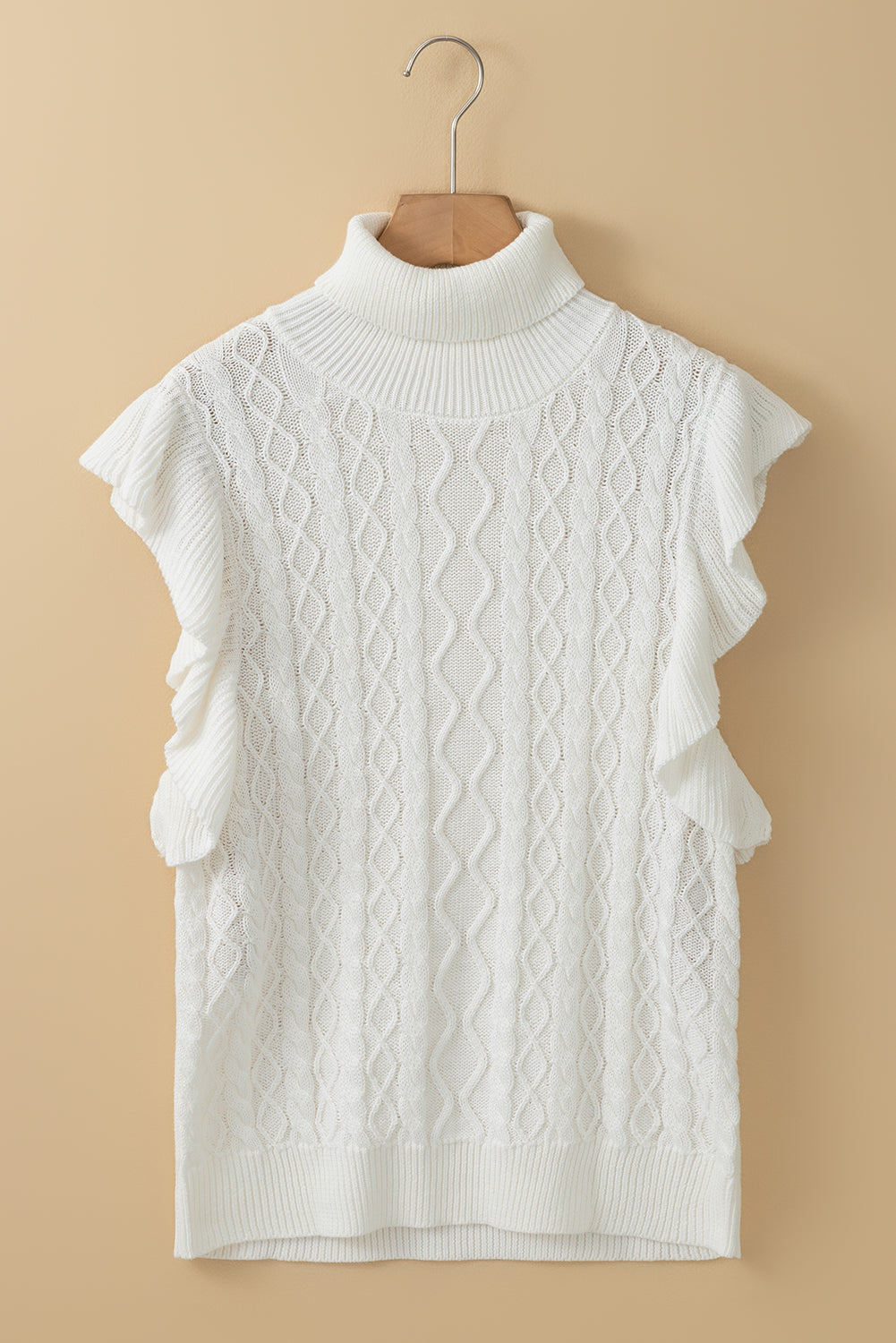 White Turtle Neck Short Sleeve Cable Knit Ruffled Sweater