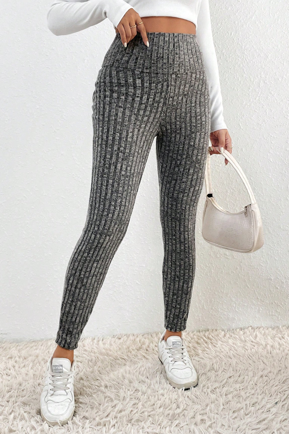 Dark Grey Wide Waistband Ribbed Textured Knit Leggings