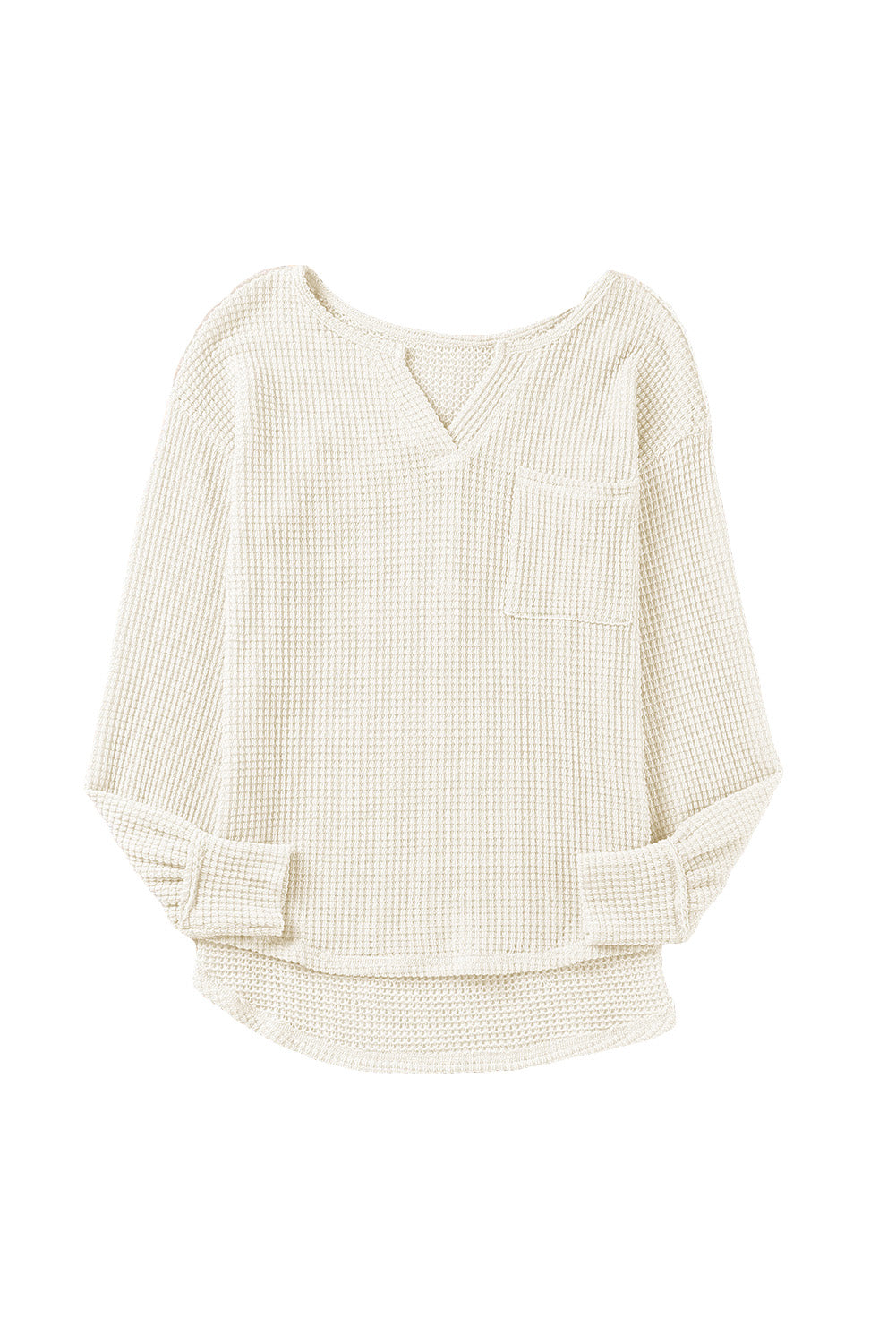 Beige Waffle Knit Split Neck Pocketed Loose Top