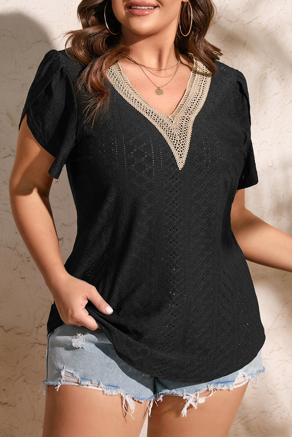 Black Guipure V Neck Plus Size Eyelet Embroidered Top