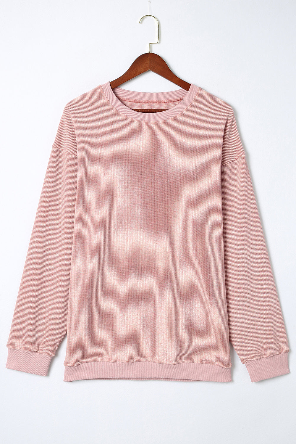 Pink Solid Ribbed Knit Round Neck Pullover Sweatshirt