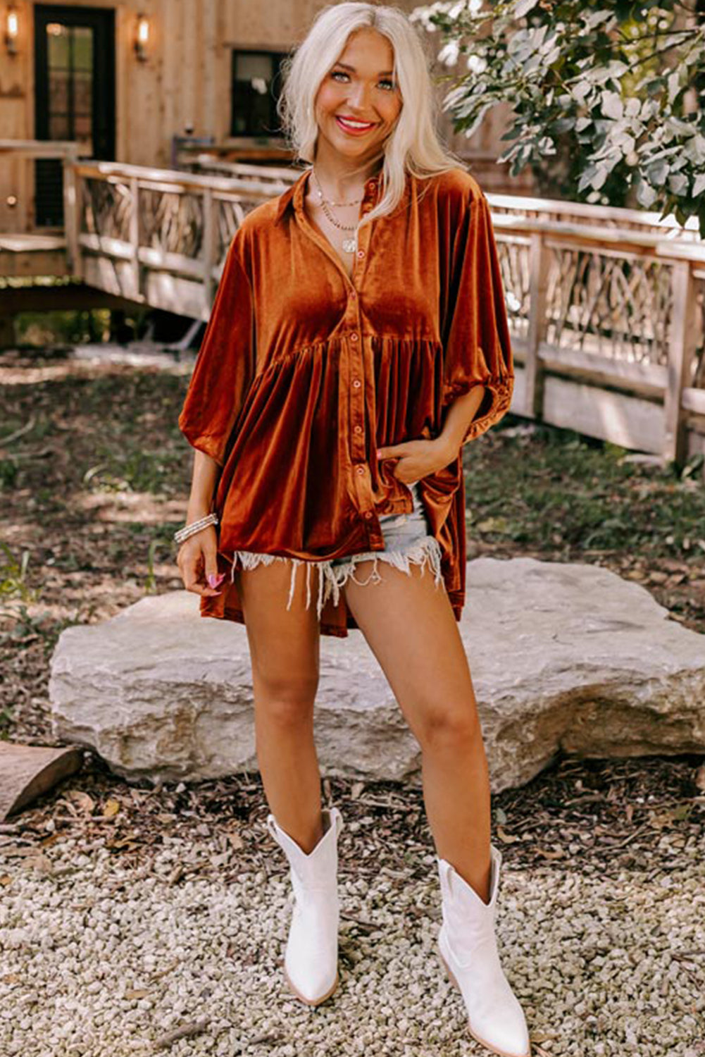 Pitaya Pink 3/4 Sleeve Tunic Babydoll Velvet Shirt