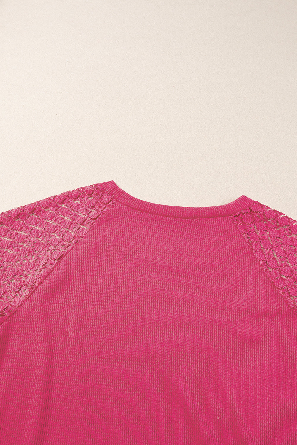 Strawberry Pink Plus Size Contrast Lace Sleeve Waffle Knit Top