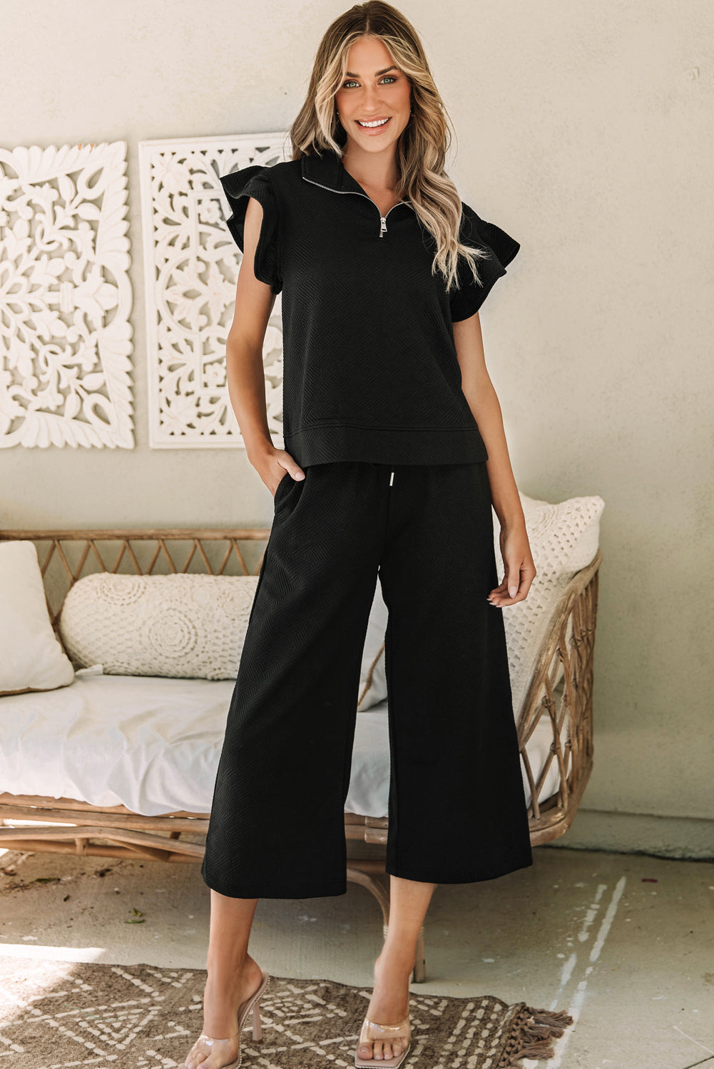 Navy Blue Textured Flutter Sleeve Top Wide Leg Pants Set