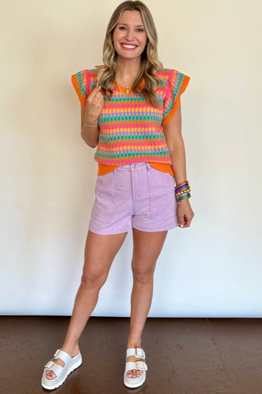 Green Multicolor Flutter Sleeve Knitted Sweater Top