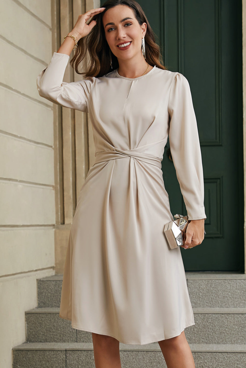 Apricot Twist Front Tie Back Long Sleeve Satin Dress