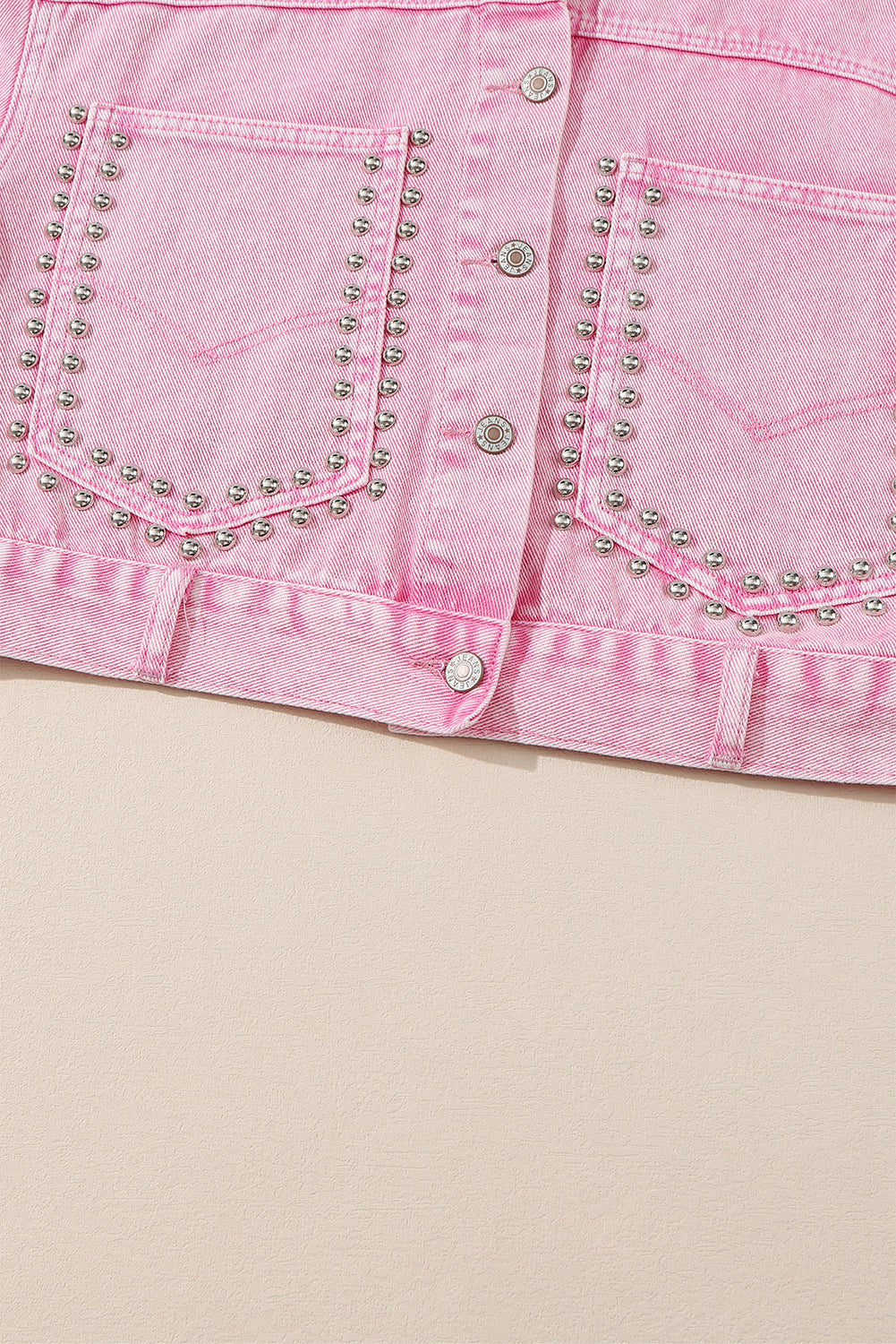 Light French Beige Rivet Studded Pocketed Denim Jacket