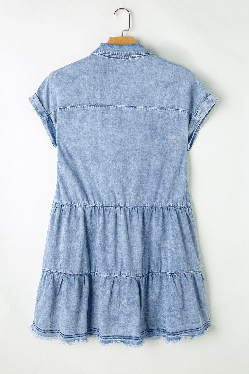 Sky Blue Acid Wash V Neck Tiered Denim Dress