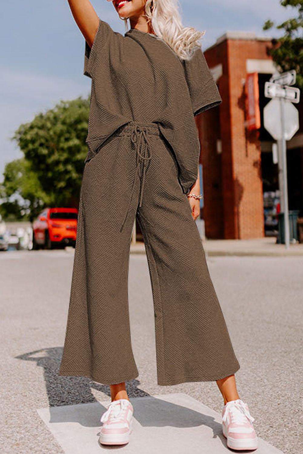 Gray Textured Loose Fit T Shirt and Drawstring Pants Set