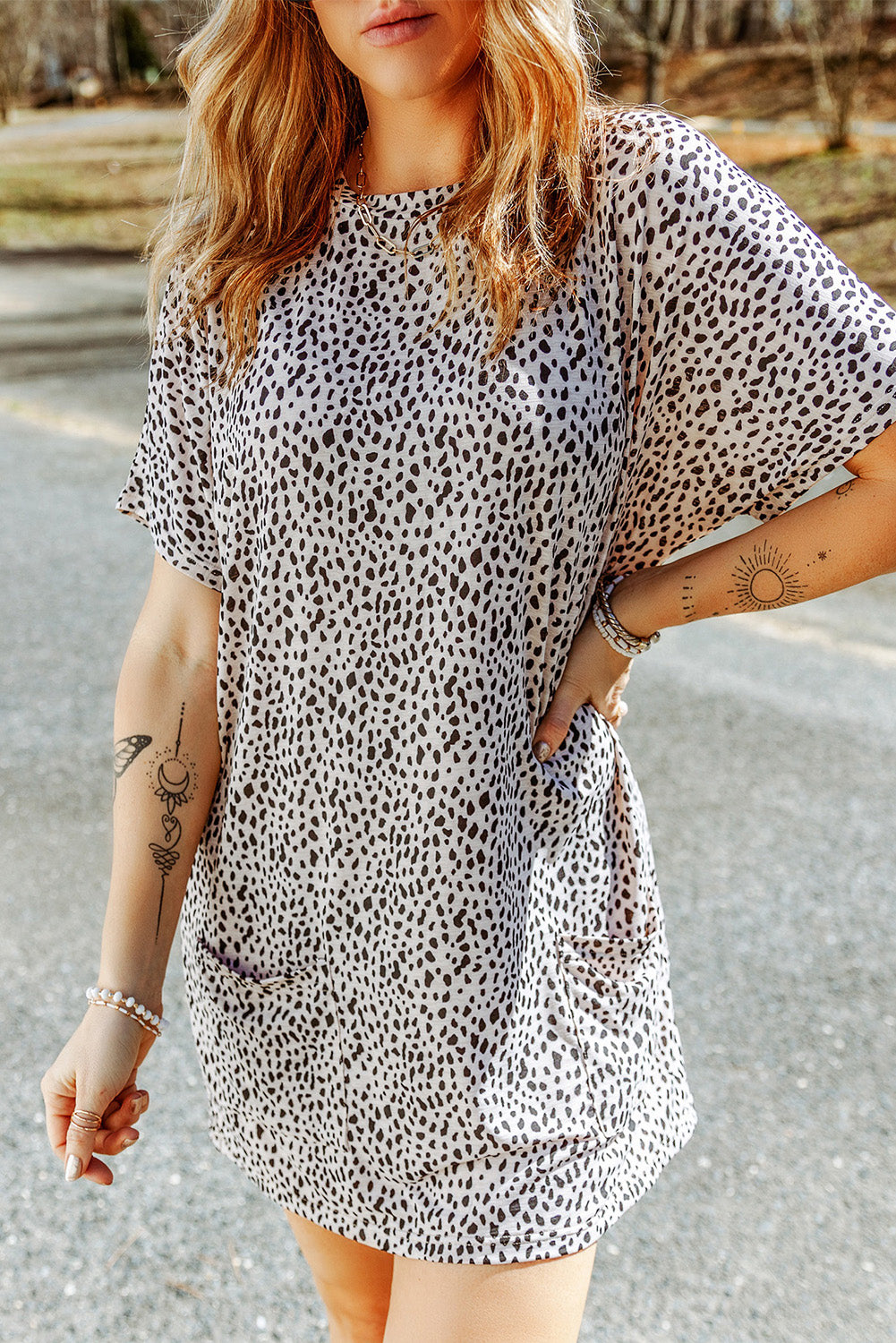 Black Leopard Print Side Pockets Tunic Top