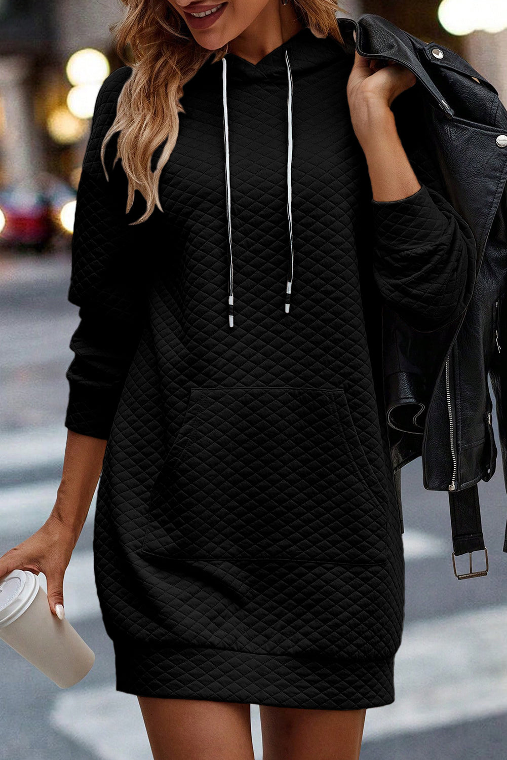 Black Drawstring Kangaroo Pocket Quilted Hooded Dress