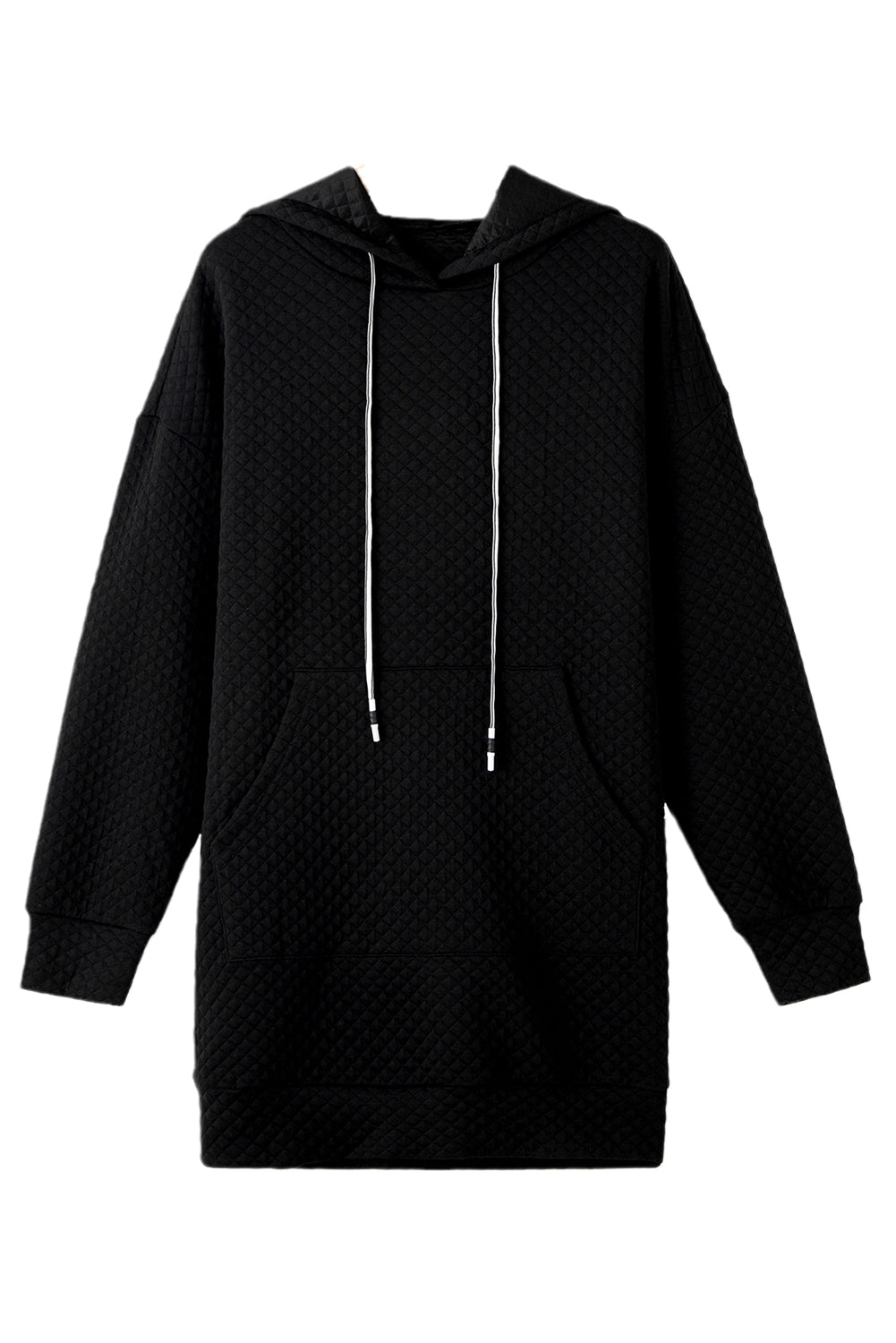 Black Drawstring Kangaroo Pocket Quilted Hooded Dress