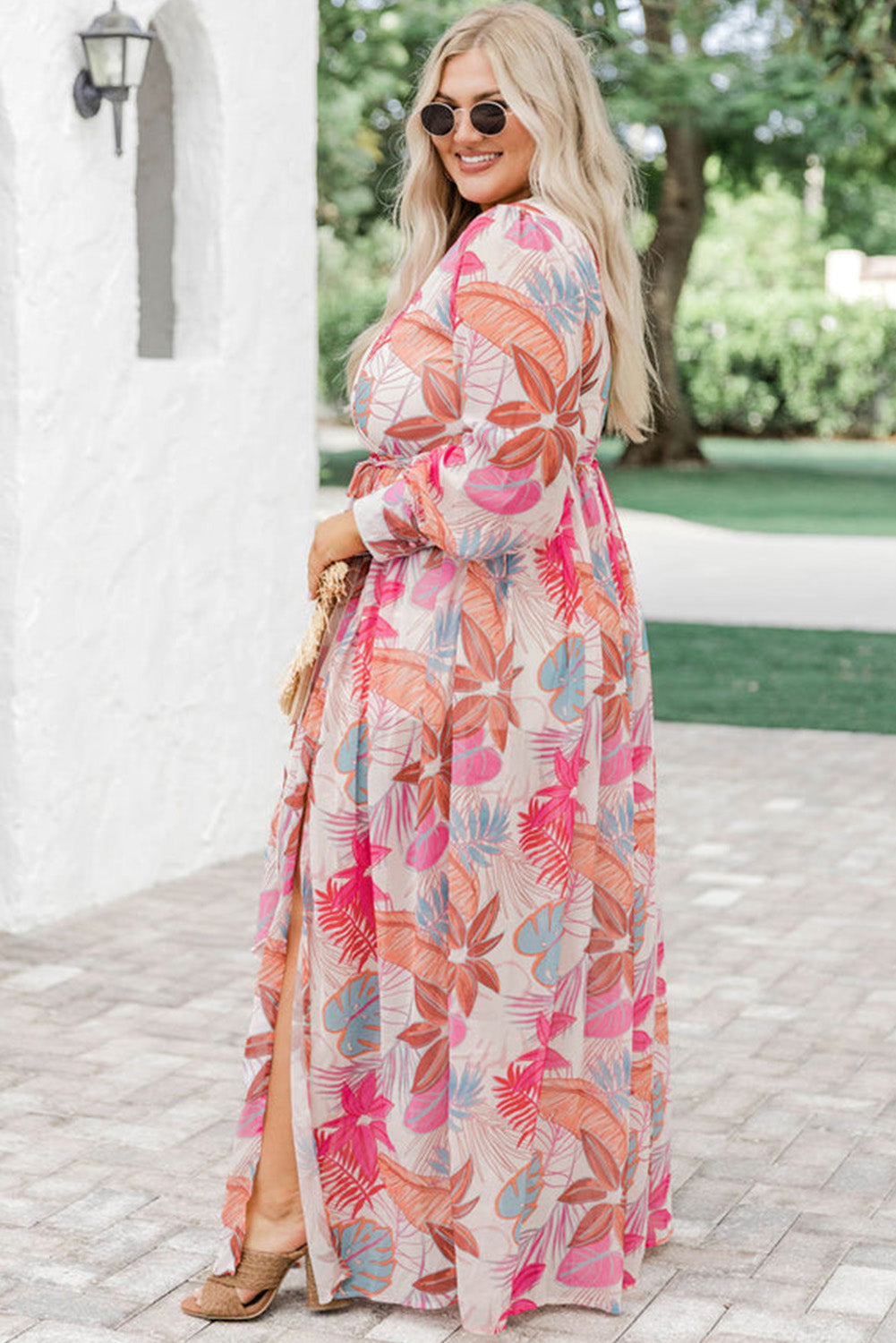 Multicolor Tropical Palm Print Tie High Waist Plus Size Maxi Dress