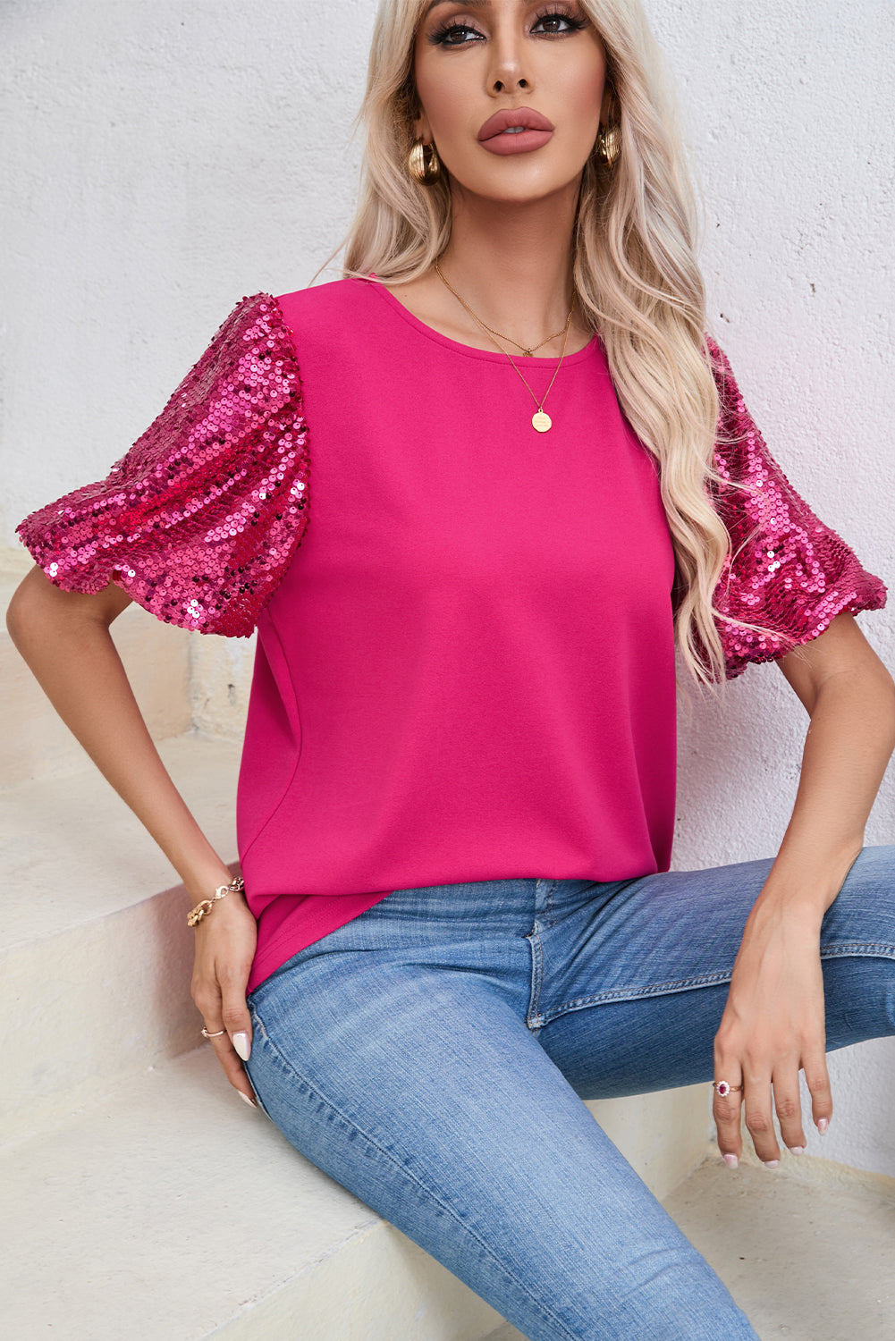 Rose Red Contrast Sequin Puff Sleeve T Shirt