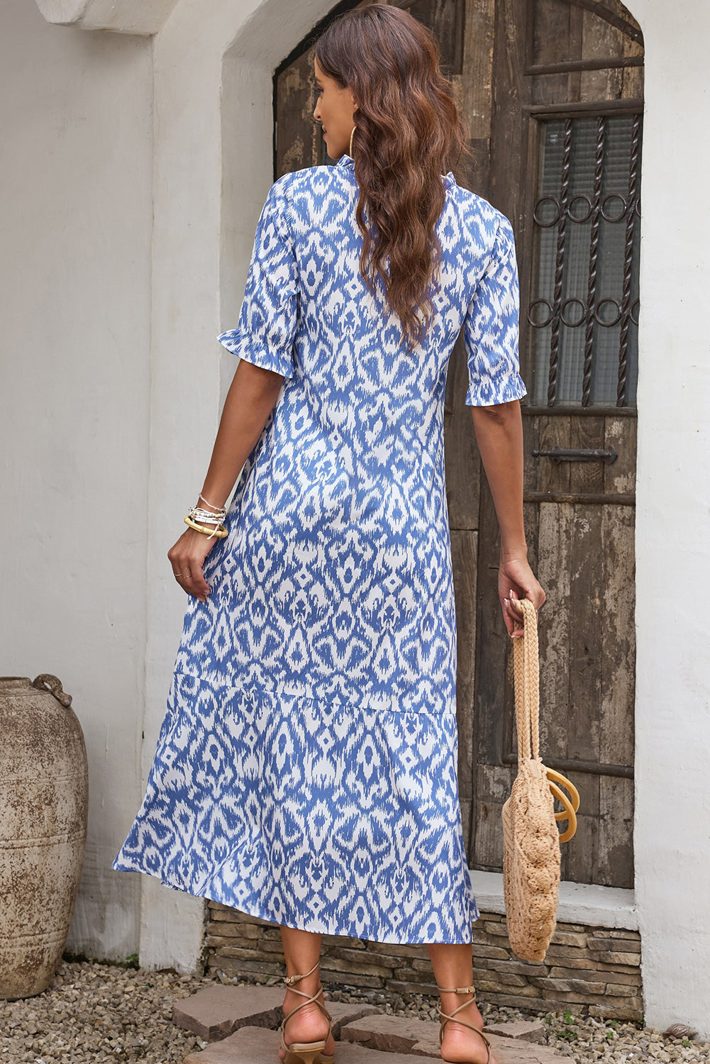 Sky Blue V Neck Casual Geometric Print Maxi Dress