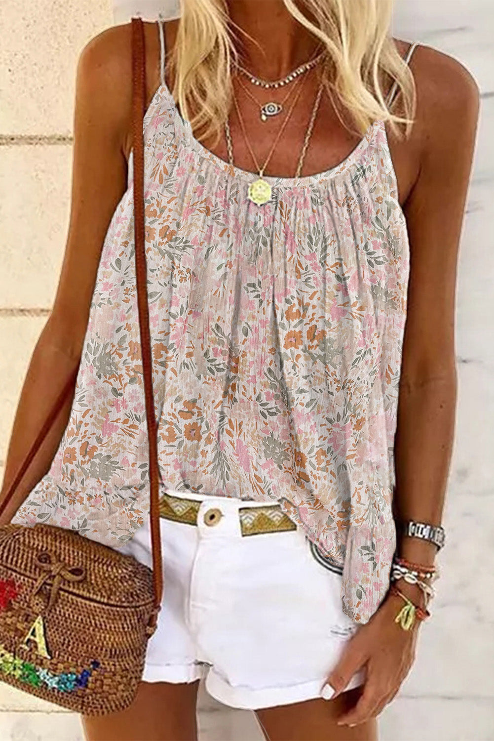 White Boho Floral Print Spaghetti Straps Tank Top