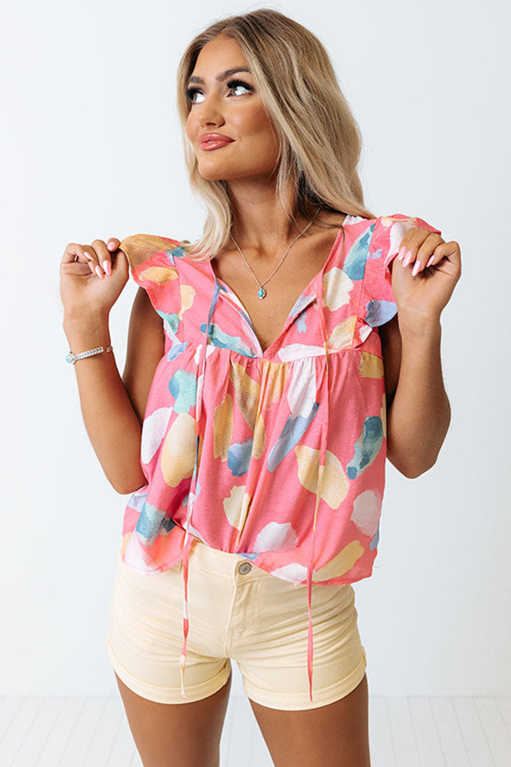 Sky Blue Splotches Pattern Ruffled Cap Sleeve Shift Top