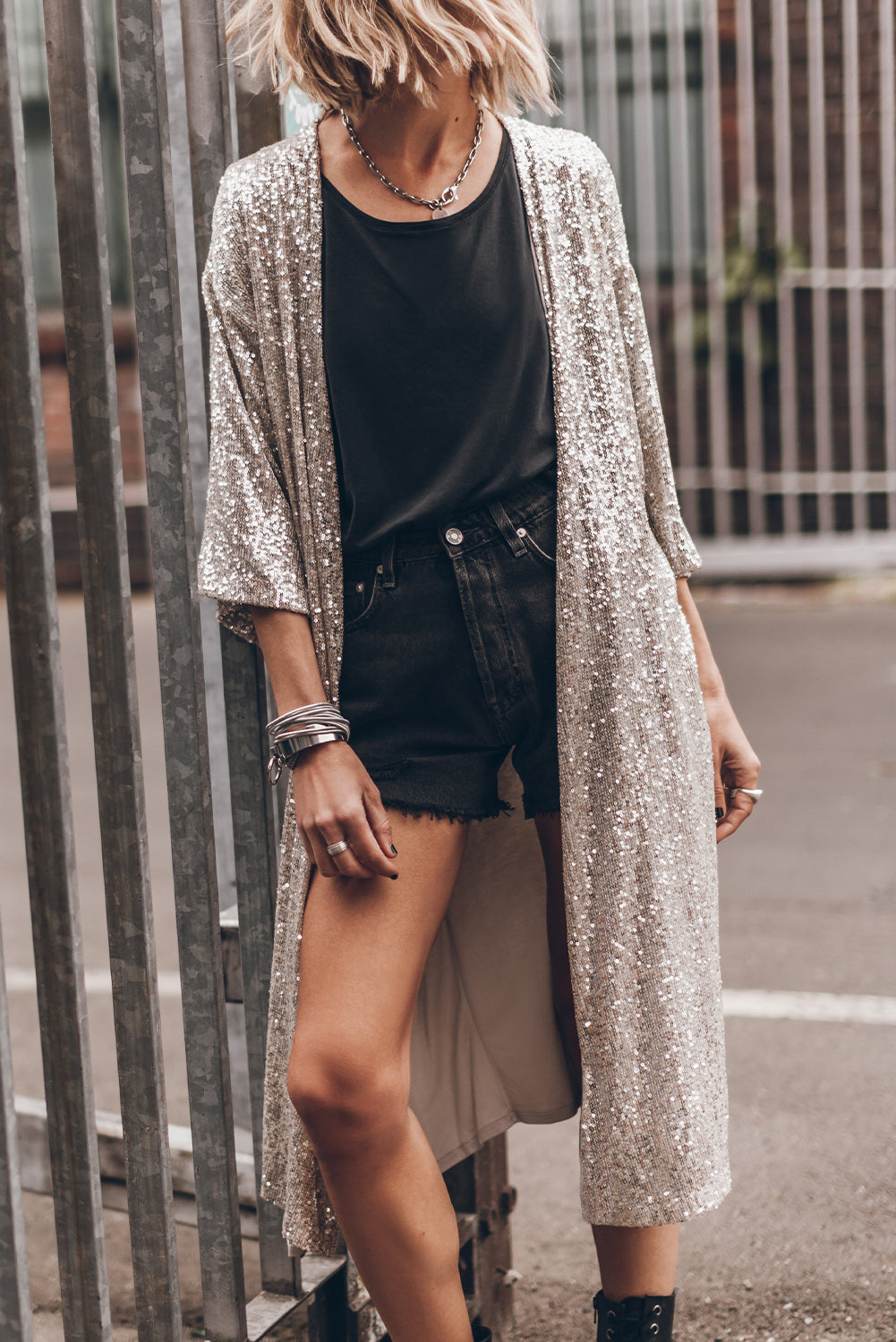 Black Sequin 3/4 Sleeve Open Front Duster Kimono