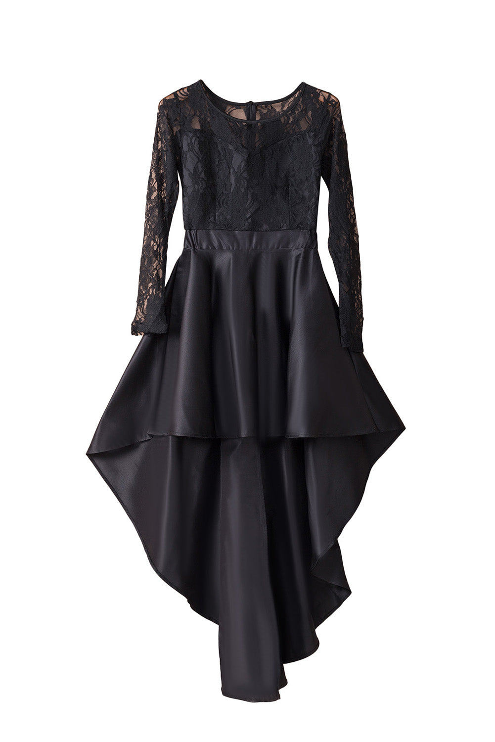 Black Long Sleeve Lace High Low Satin Dress