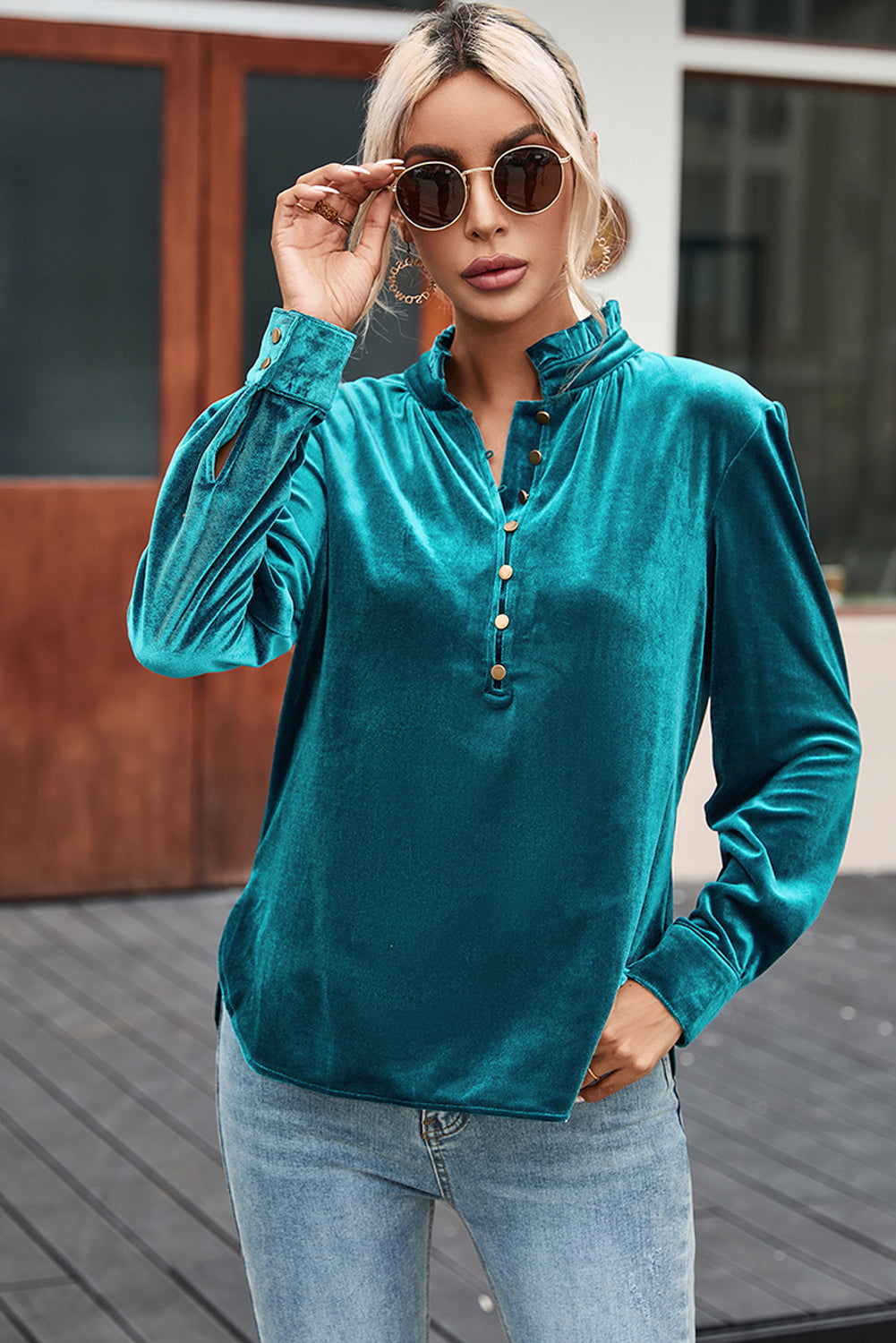 Blackish Green Frilled Neck Buttoned Front Velvet Top