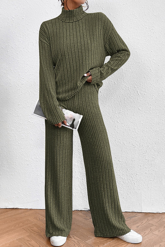 Jungle Green Ribbed Knit High Neck Loose Top and Pants Set