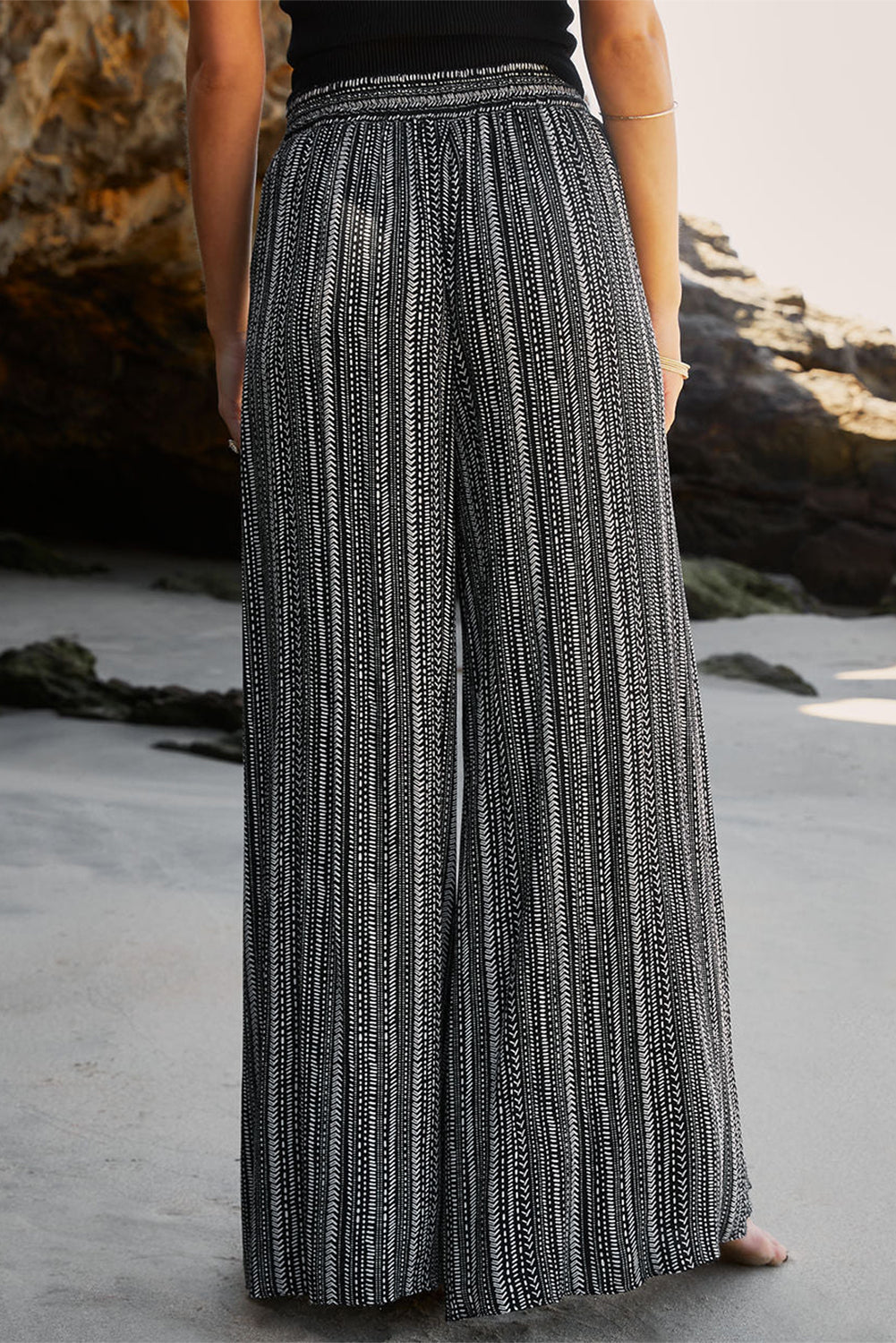 White Striped Printed Slit Wide Leg High Waist Pants