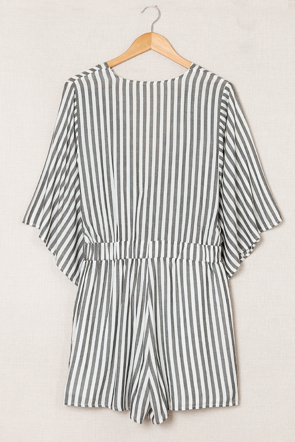 Gray 3/4 Wide Kimono Sleeves Tie Front Striped Romper with Pockets