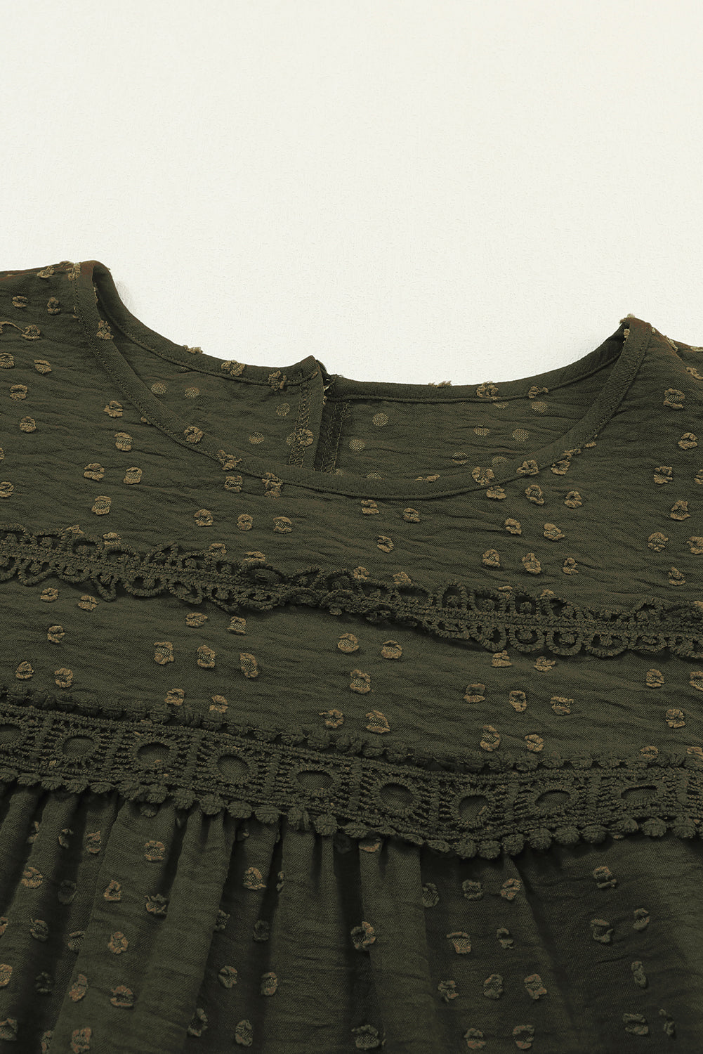 Blackish Green Lace Eyelet Ruffle Shoulder Long Sleeve Blouse