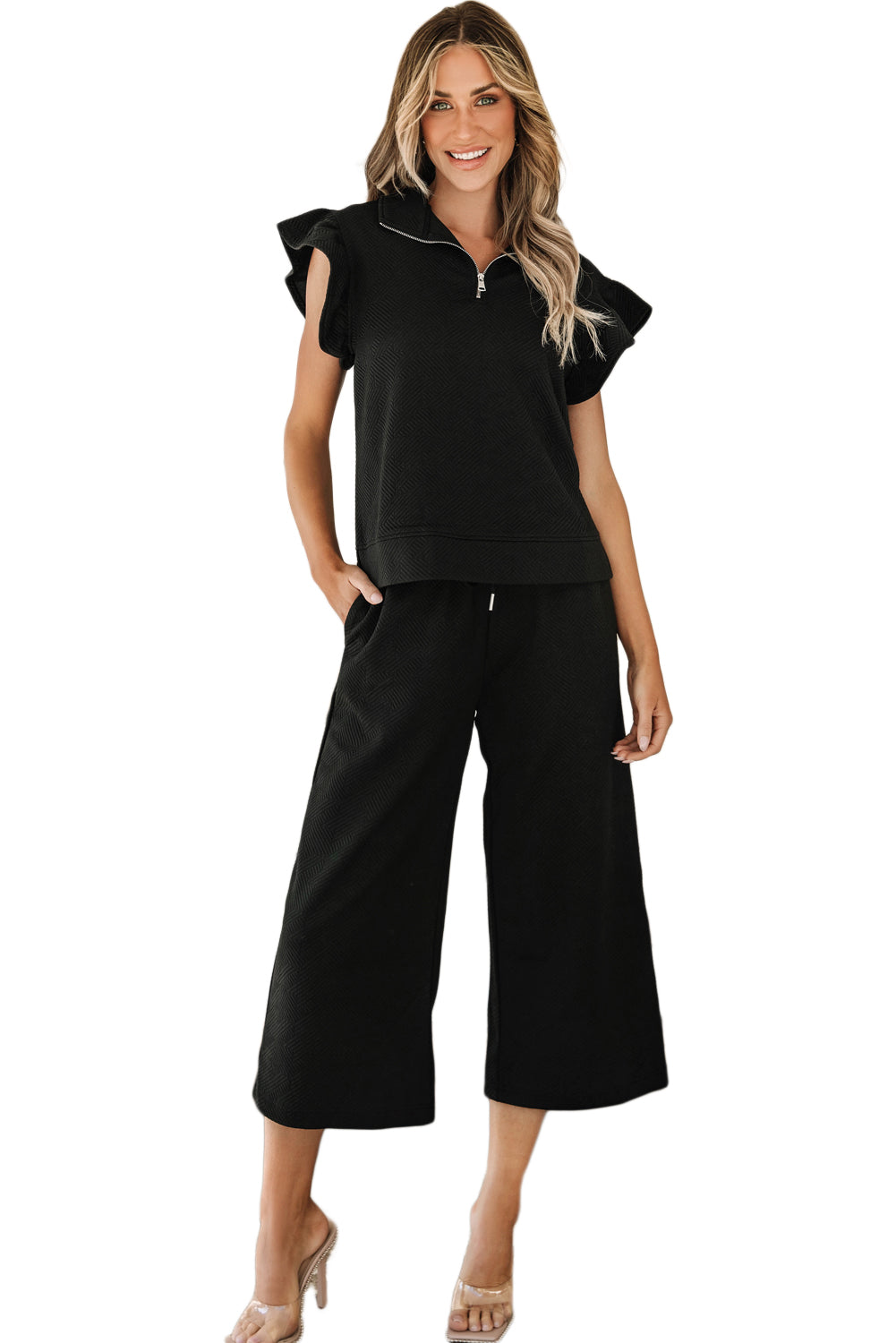 Navy Blue Textured Flutter Sleeve Top Wide Leg Pants Set