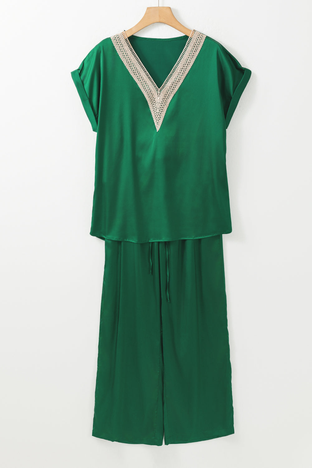 Dark Green Guipure Trim V Neck Satin Two-piece Set