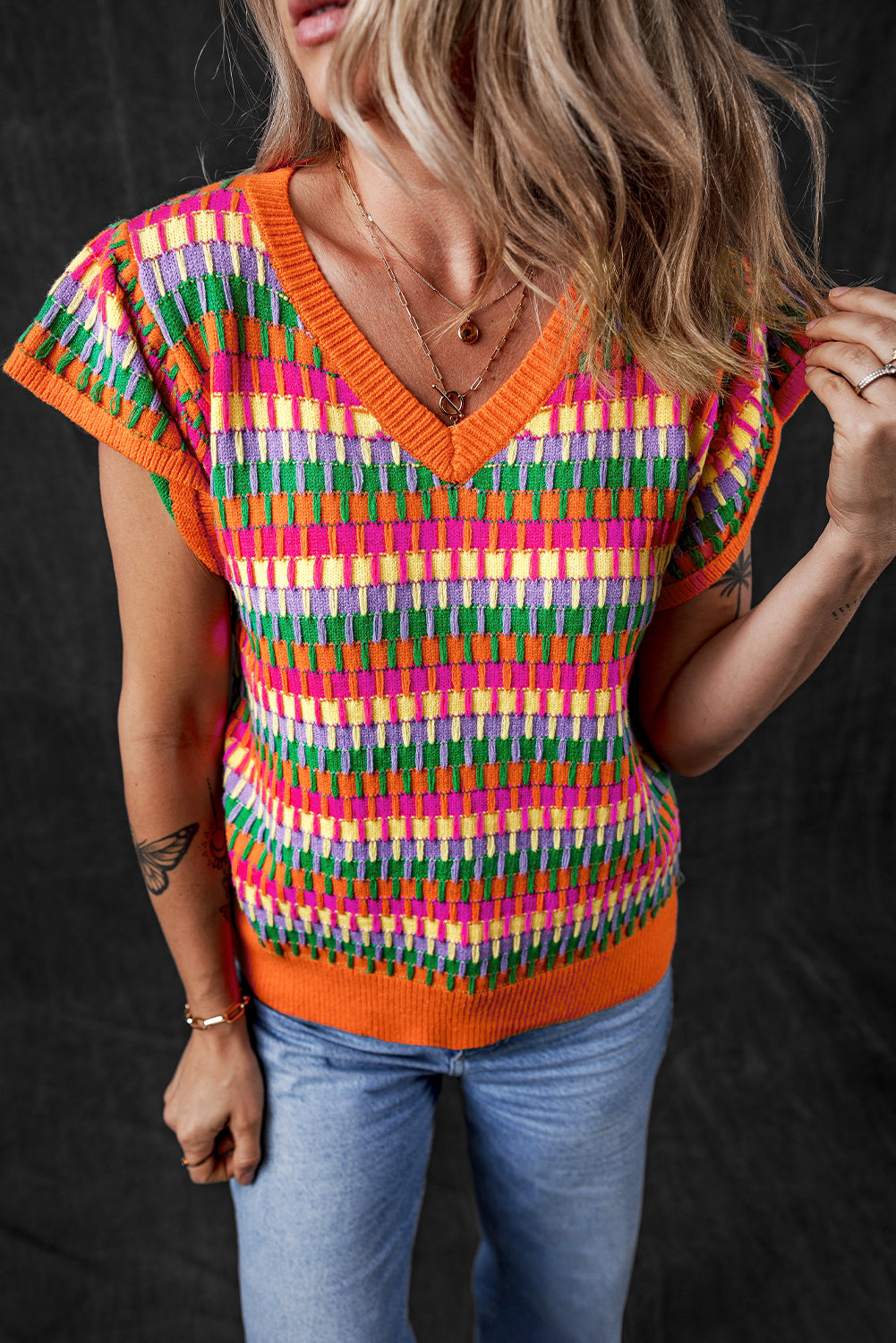Green Multicolor Flutter Sleeve Knitted Sweater Top