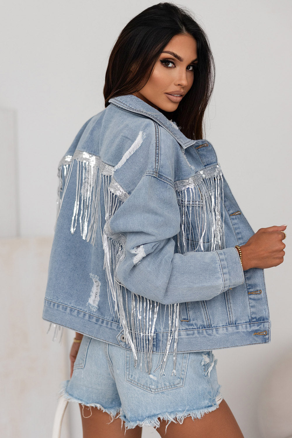 Sky Blue Sequin Embellished Fringe Distressed Denim Jacket