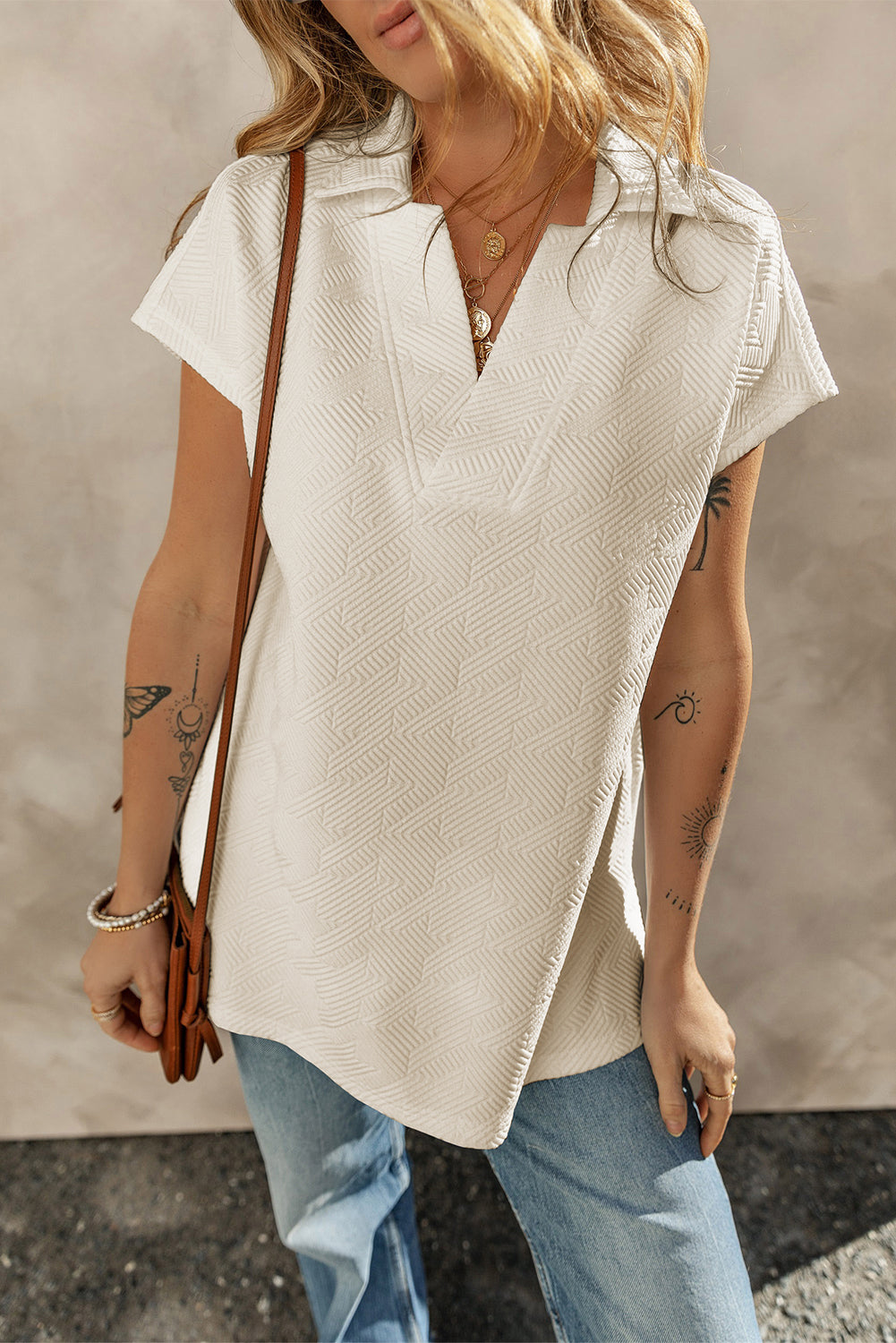 Apricot Textured V Neck Collared Short Sleeve Top