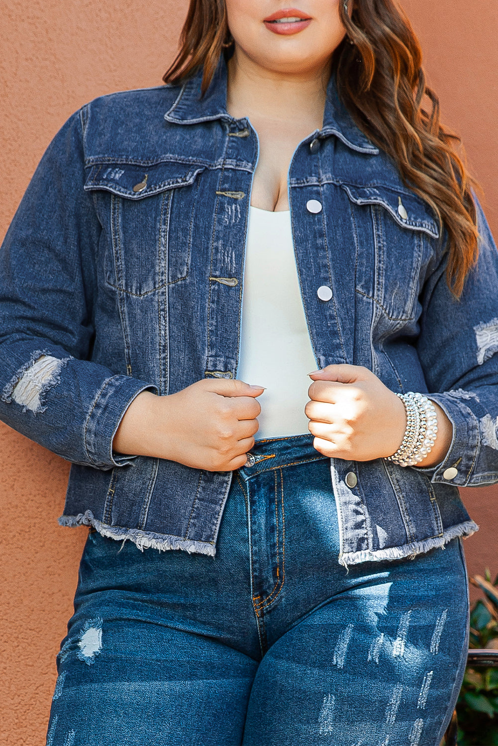 Dark Blue Plus Size Distressed Flap Pocket Denim Jacket