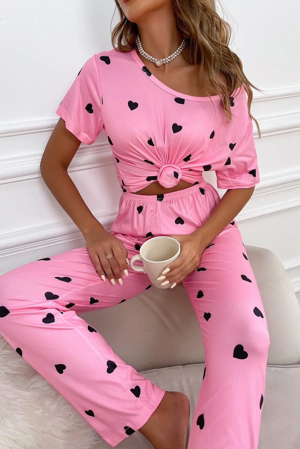 Heart Print Tee and Pants Lounge Set