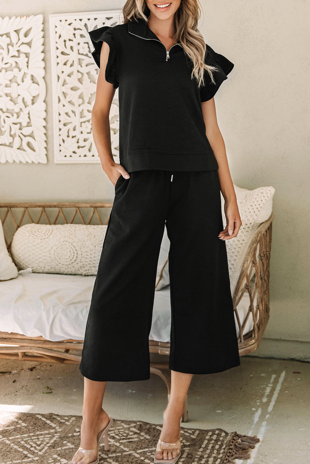 Navy Blue Textured Flutter Sleeve Top Wide Leg Pants Set