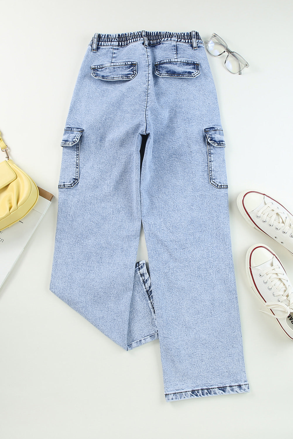 Sky Blue High Waist Wide Leg Cargo Jeans