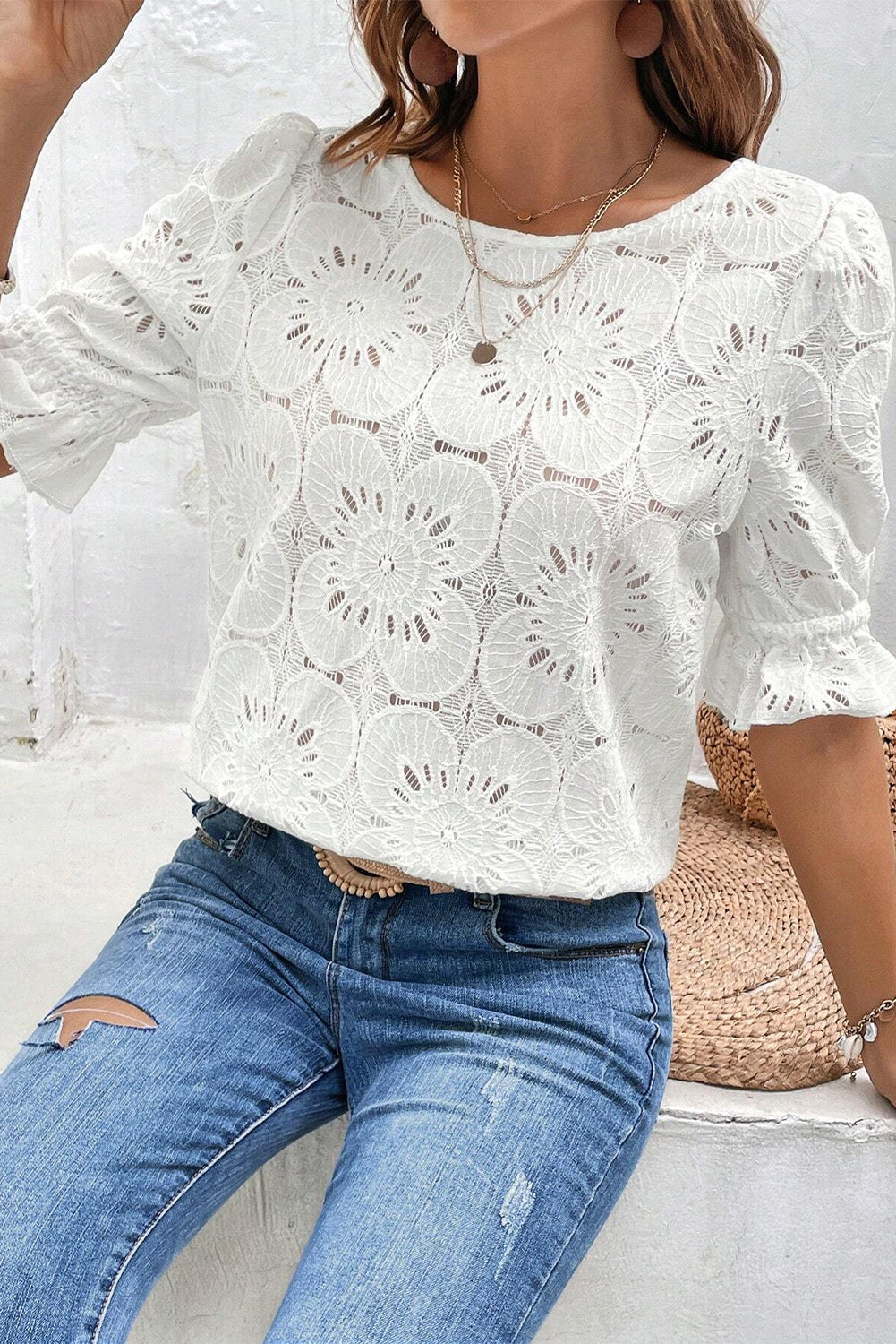 White Flower Eyelet Jacquard Keyhole Flounce Sleeve Top