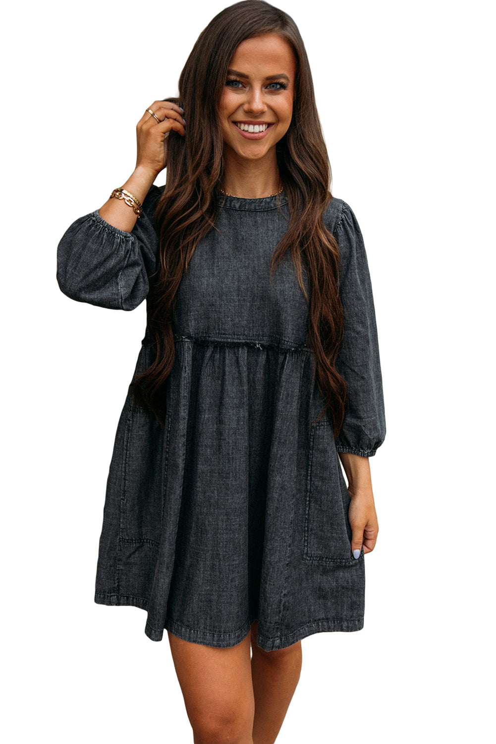 Black Balloon Sleeve High Waist Denim Dress