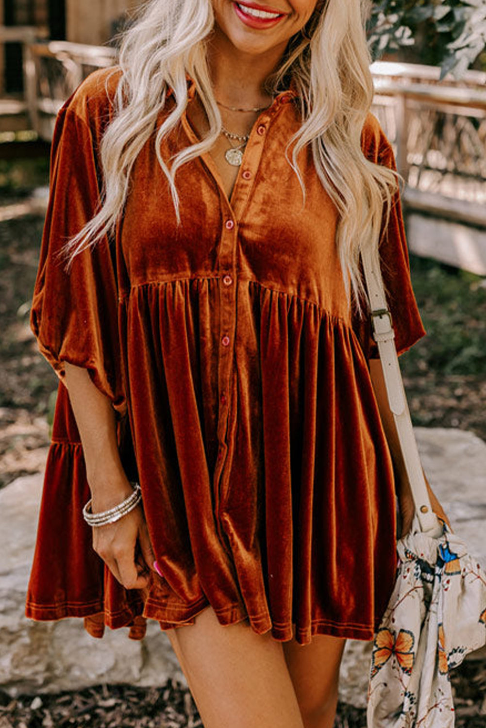 Pitaya Pink 3/4 Sleeve Tunic Babydoll Velvet Shirt