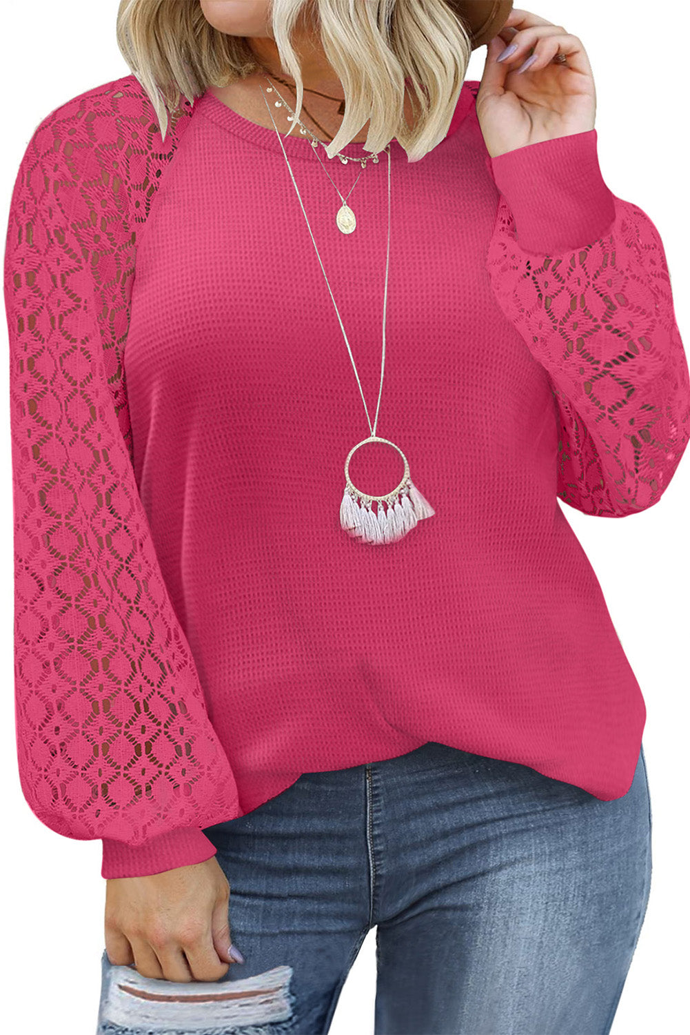 Strawberry Pink Plus Size Contrast Lace Sleeve Waffle Knit Top