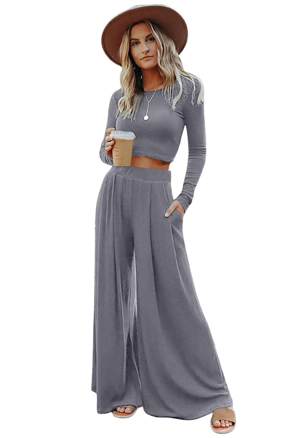 Solid Color Ribbed Crop Top Long Pants Set