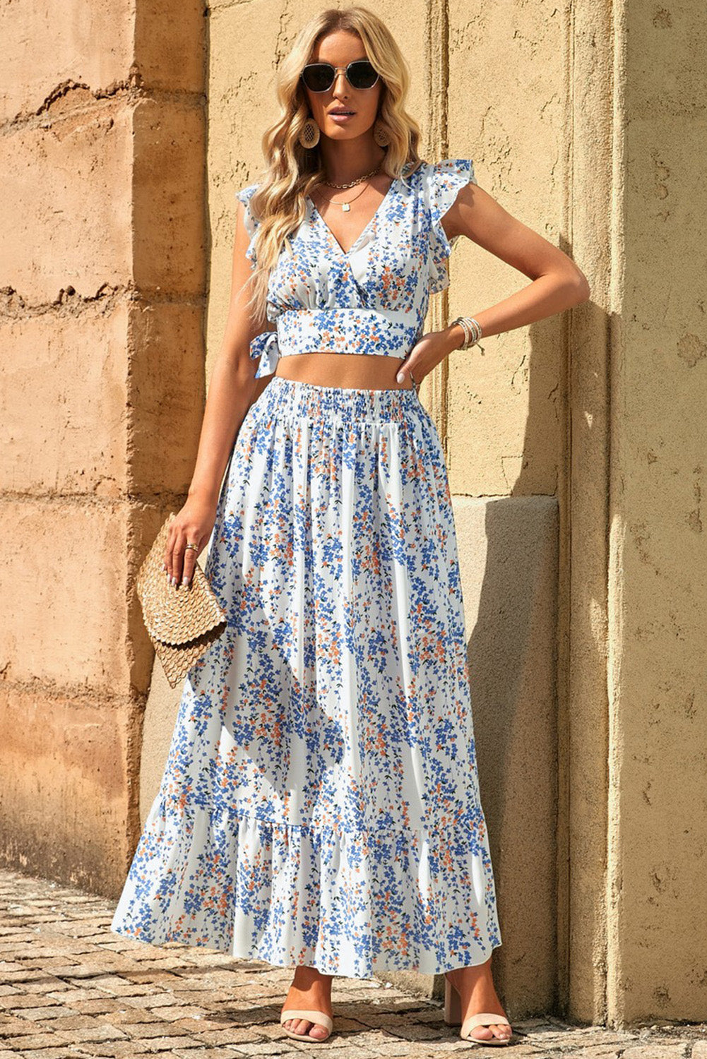 Fiery Red Multicolor Floral Ruffled Crop Top and Maxi Skirt Set