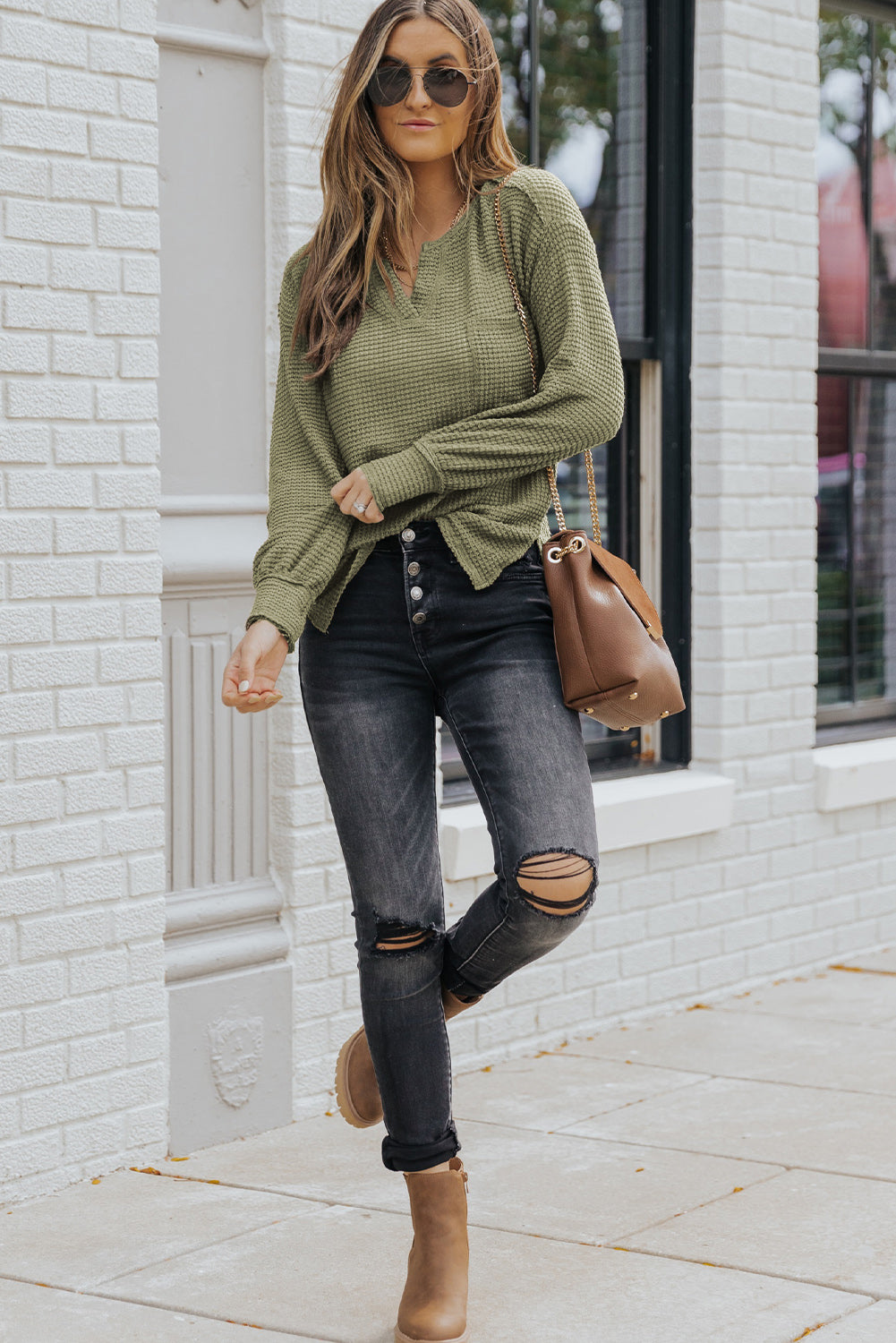 Beige Waffle Knit Split Neck Pocketed Loose Top