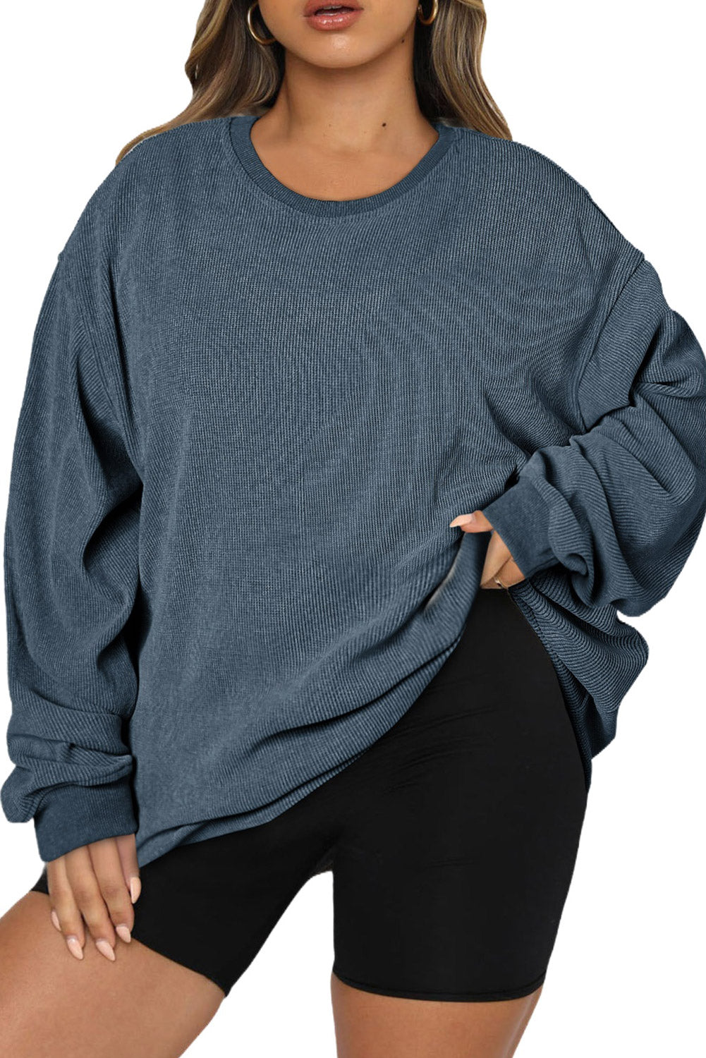 Black Plus Size Corded Round Neck Sweatshirt